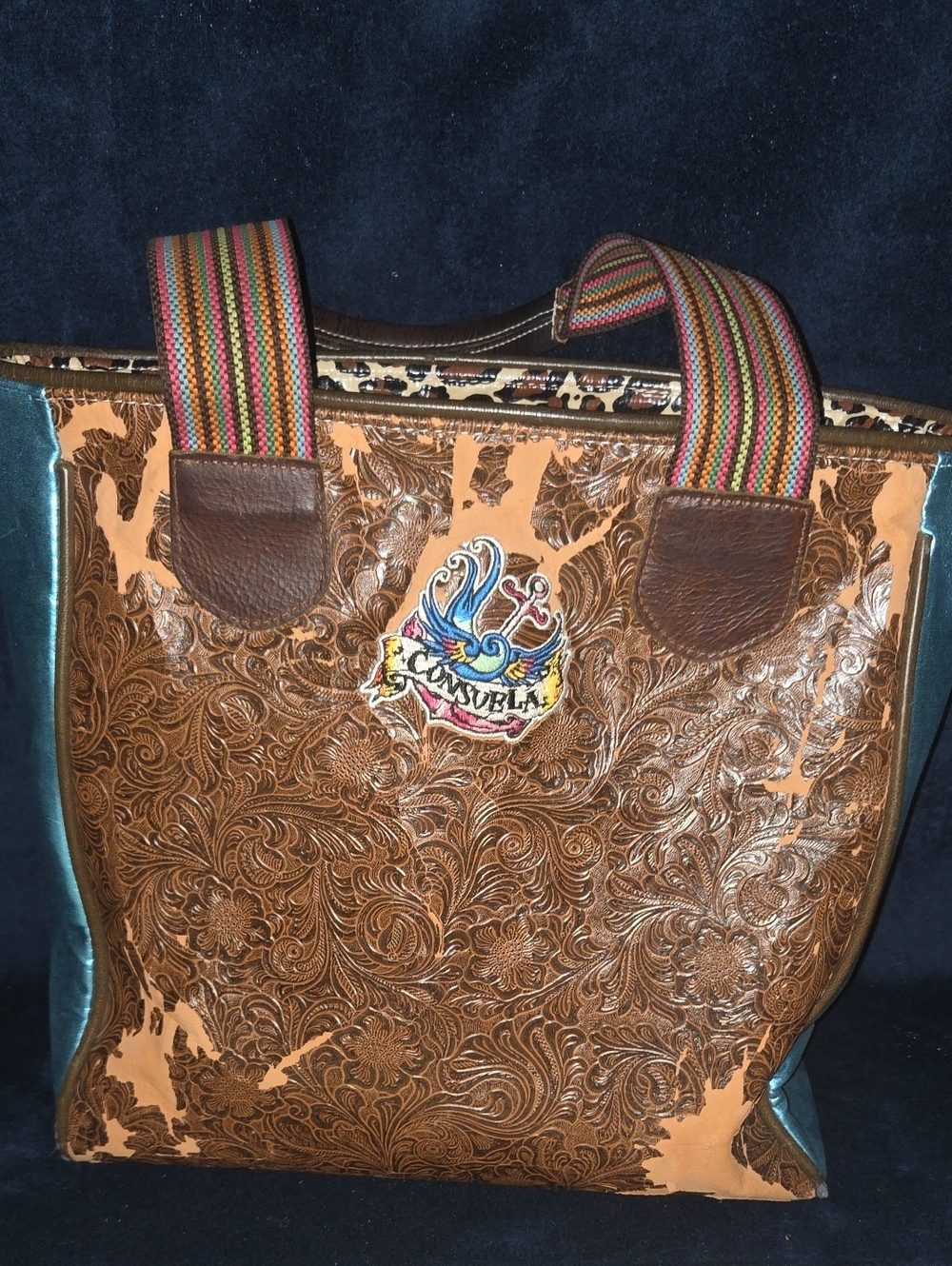 Consuela Brown Tooled Leather‎ Tote with Multicolor Straps *PEELING*